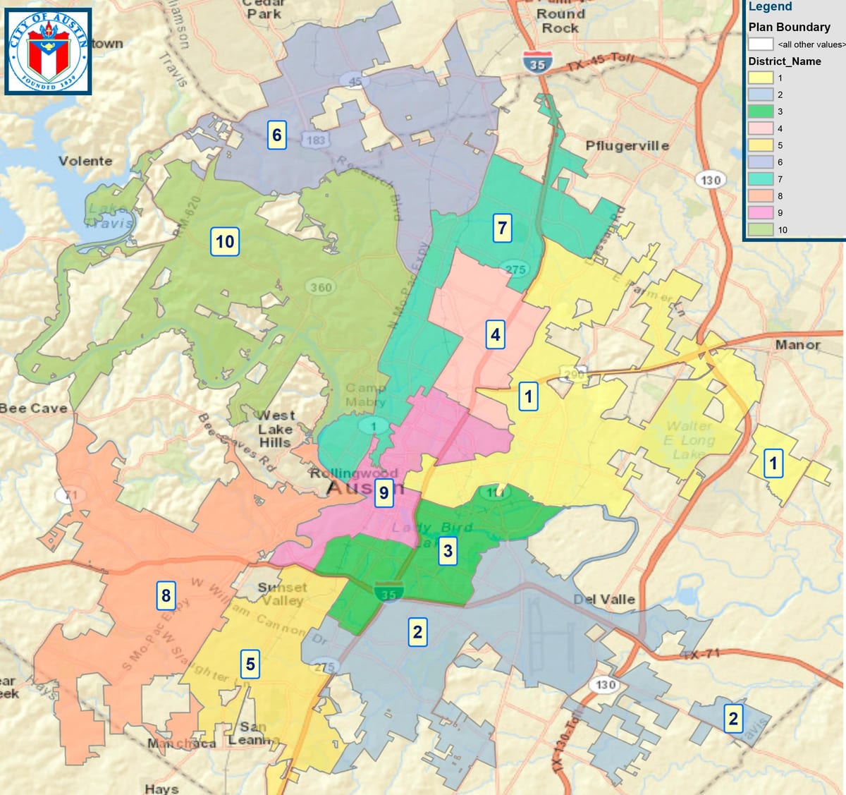 mapa ng Austin konseho ng lunsod ng distrito