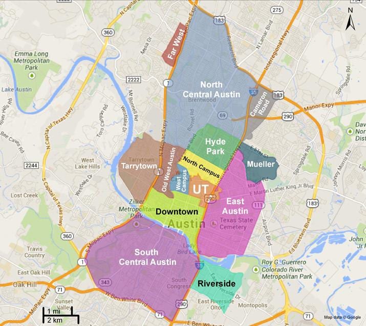 mapa ng Austin suburbs
