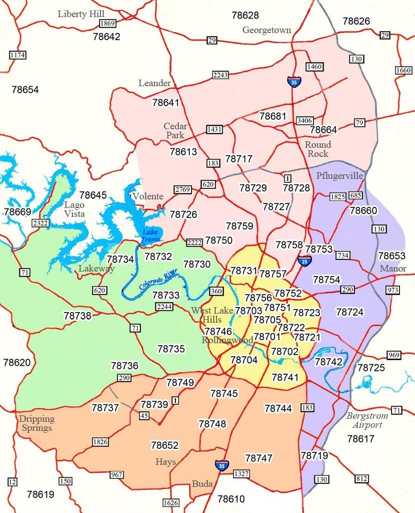 Austin Tx area code mapa