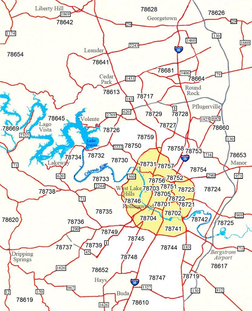zip code mapa Austin
